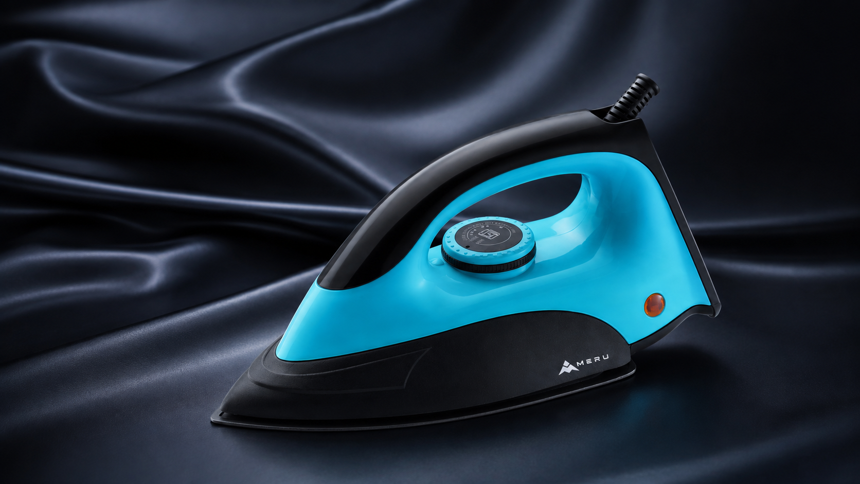 MERU premium dry iron in blue and black on satin fabric